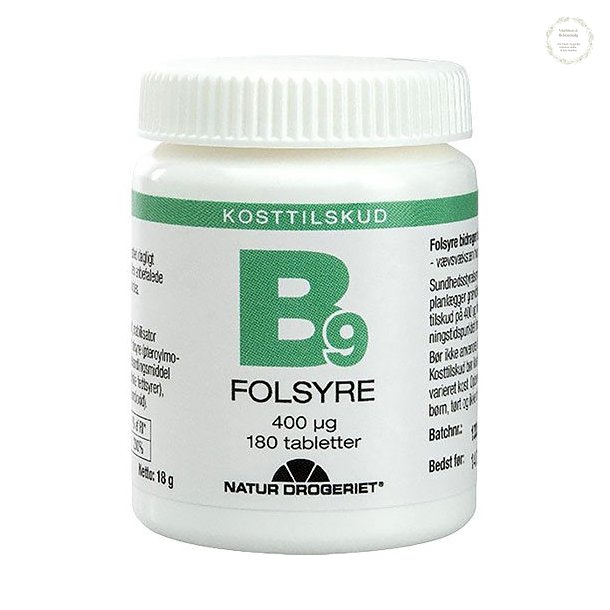 B9-vitamin (folsyre), 400 mcg, 180 tabletter